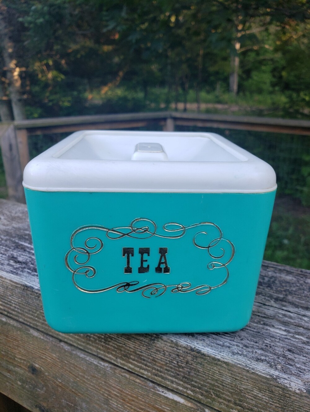 Vintage Turquoise Plastic Tea Canister Very Good Condition